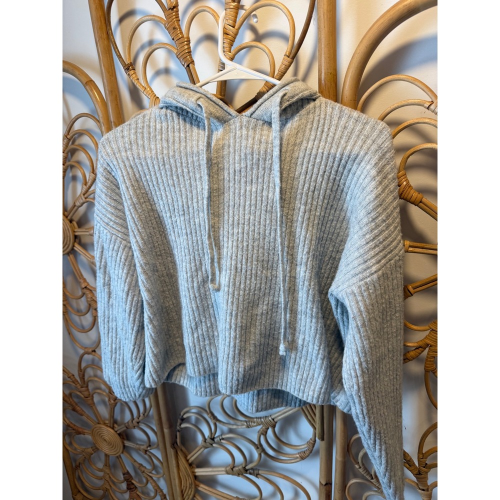 Pink Victoria's Secret Light Gray Ribbed Knit Cropped Hoodie Sweater‎ Womens S